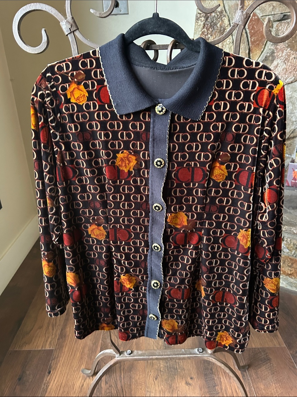 Vintage Monogram Velvet Button-Up Top with Floral Accents
